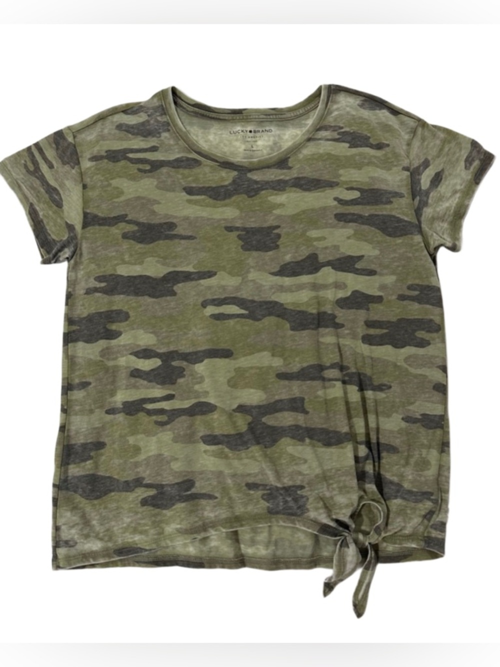 Lucky Brand Camo Short Sleeve Tie Front Tee Size L Green Camouflage Casual Top